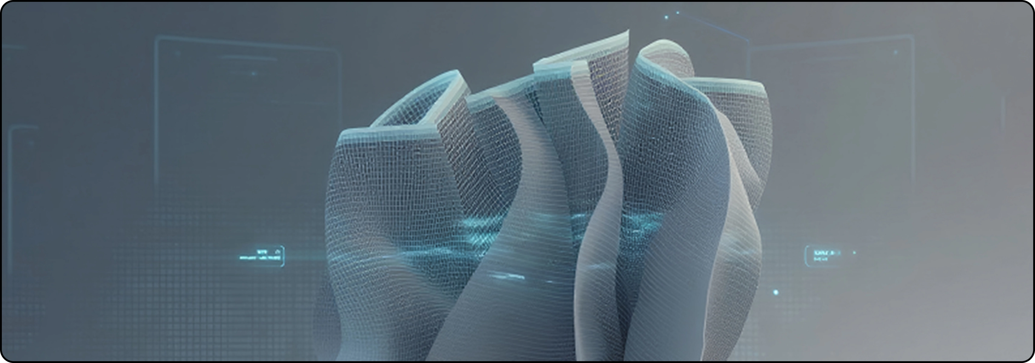 An abstract grey digital object with glowing technological elements, designed for information technology and artificial intelligence training.