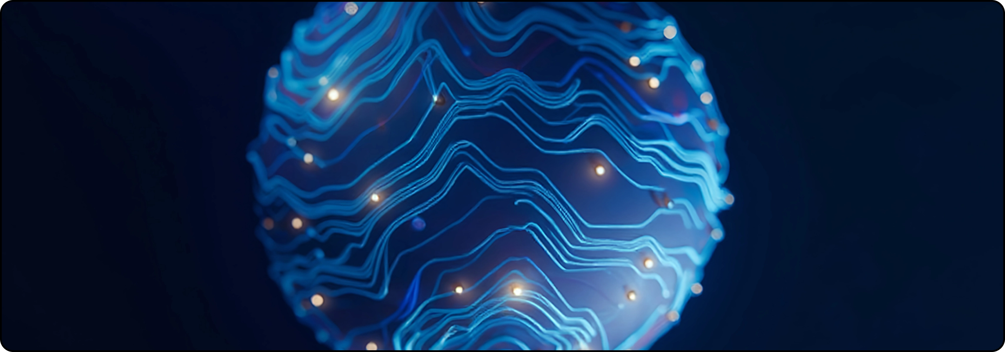 Abstraktus mėlynas skaitmeninis rutulys su &scaron;vytinčiomis linijomis ir ta&scaron;kais, simbolizuojantis technologijų ir inžinerijos srities mokymus.