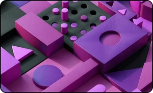 An abstract composition of violet geometric shapes representing the theme of business, management, and economics.