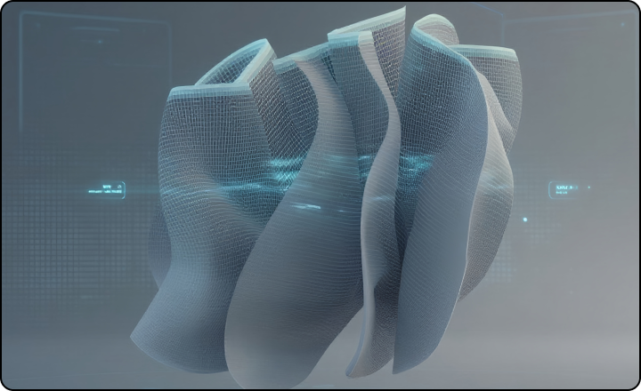 A silver-blue abstract form with digital light points on a dark background, symbolising artificial intelligence and data processing.