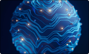 A digital sphere with a wavy blue surface and light points, symbolising engineering systems and technological networks.