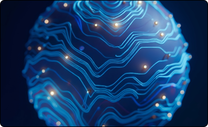 A digital sphere with a wavy blue surface and light points, symbolising engineering systems and technological networks.