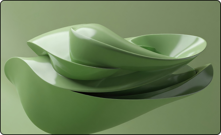 An abstract green three-dimensional sculptural form symbolising harmony with nature and the aesthetics of sustainable solutions.
