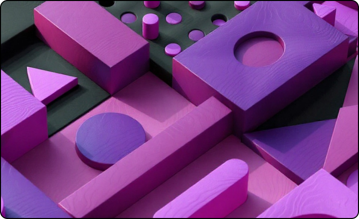 A collage of geometric shapes in pink and violet tones, conveying the structure of business processes and the architecture of innovation.